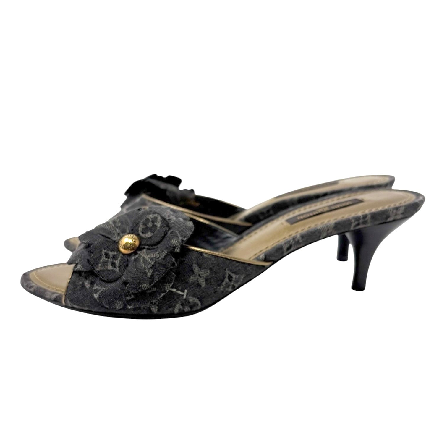 LOUIS VUITTON Vintage Monogram Denim Heels Sandals #36.5 Black Gold Corsage