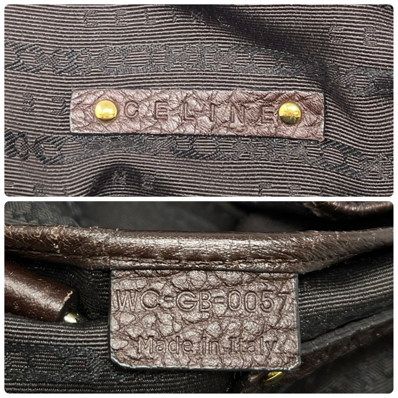 CELINE Vintage Macadam Big Logo Tote Bag Brown Gold Leather Nylon Zip