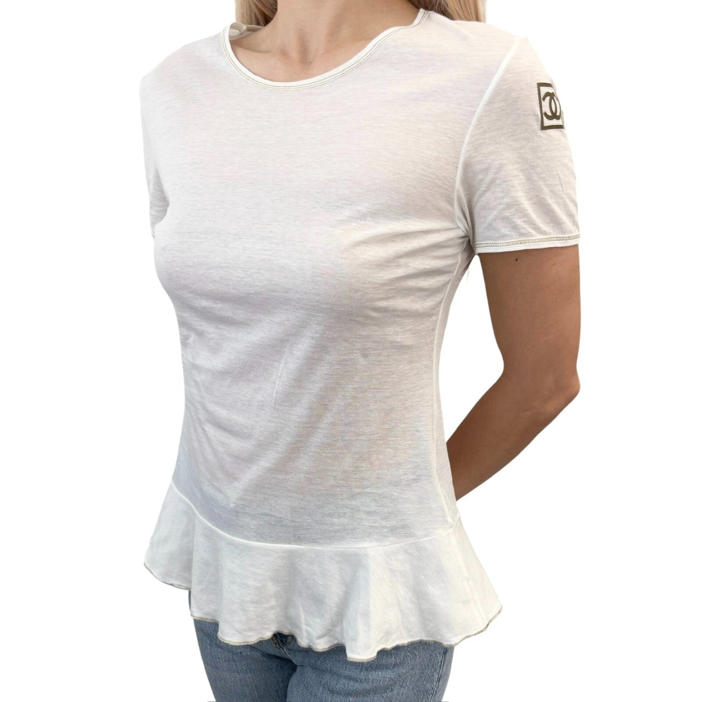 CHANEL Sport Vintage 06P CC Mark Logo T-shirt Top #38 White Gold Cotton