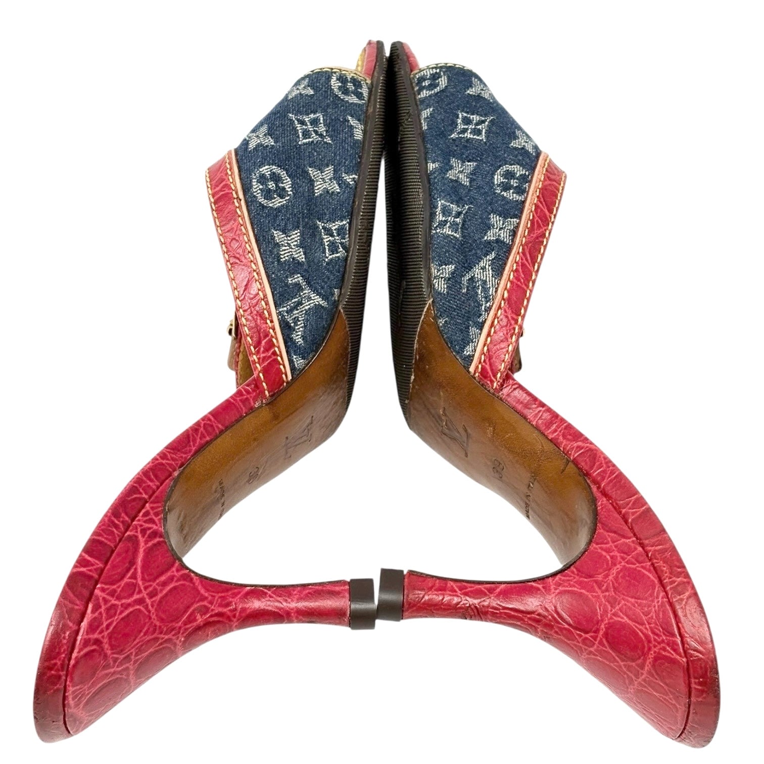 LOUIS VUITTON Vintage Monogram Denim Mule Sandals Heels #39 Blue Red Leather