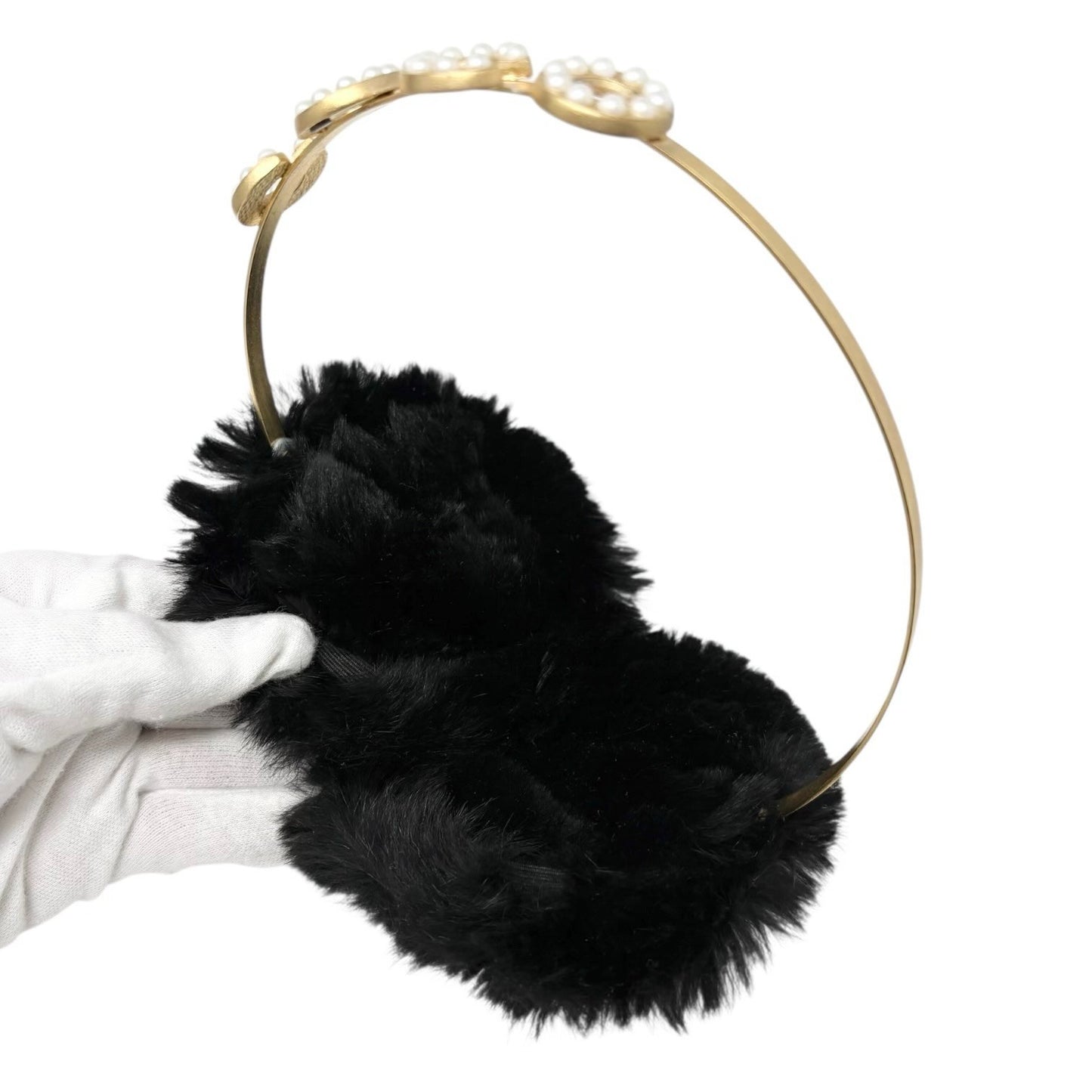 CHANEL Vintage 01A Pearl CC Mark Logo Fur Earmuffs Black Gold White