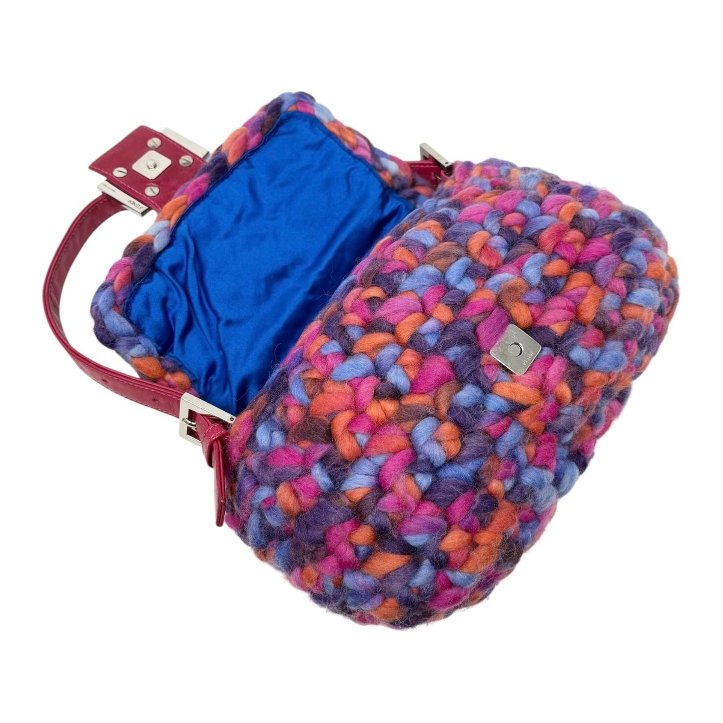 FENDI Vintage FF Logo Crochet Mamma Baguette Shoulder Bag Pink Multicolor Wool