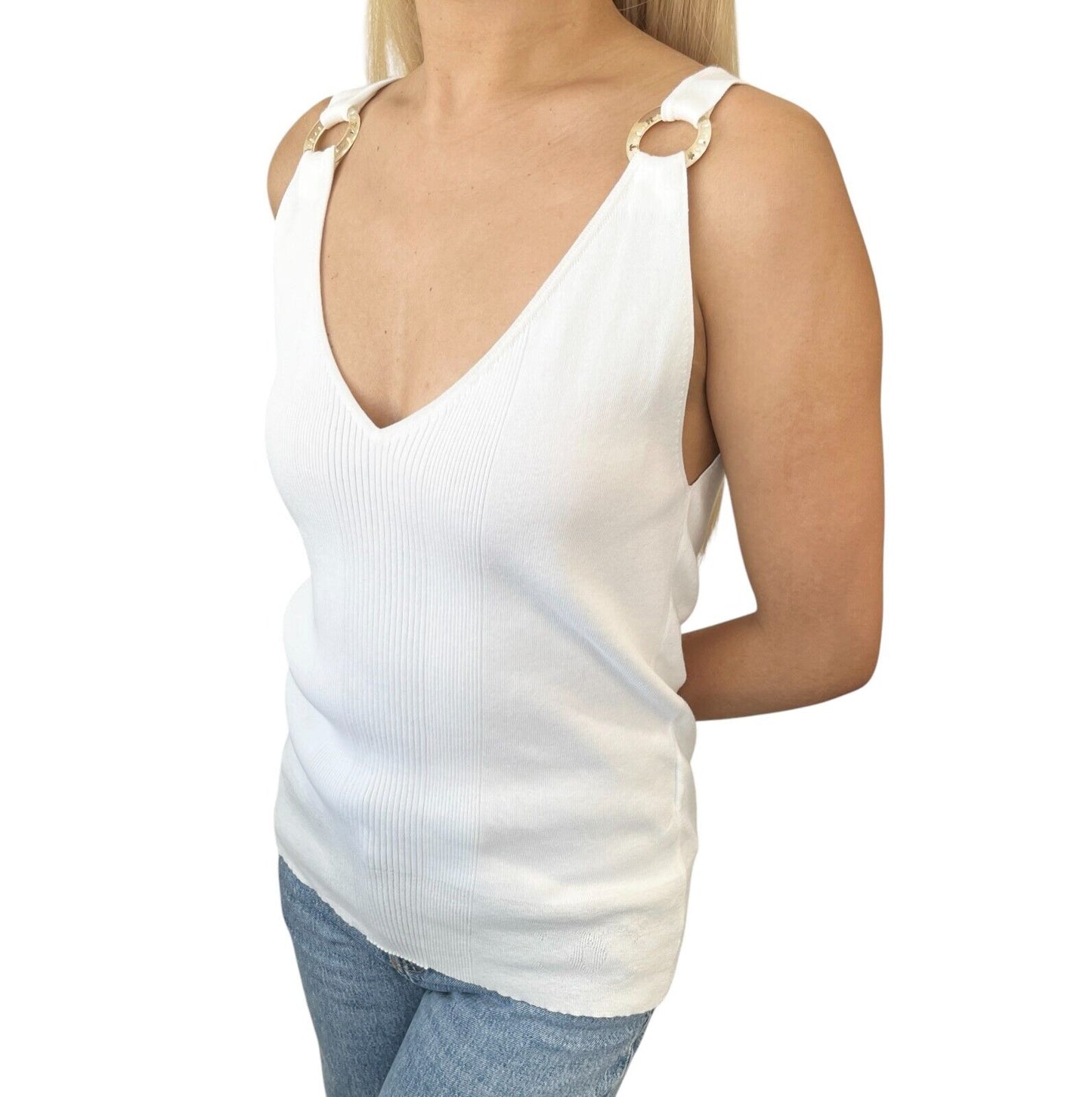 CHANEL Vintage 07P CC Logo Knit Tank #42 Camisole Rib Top White Cotton