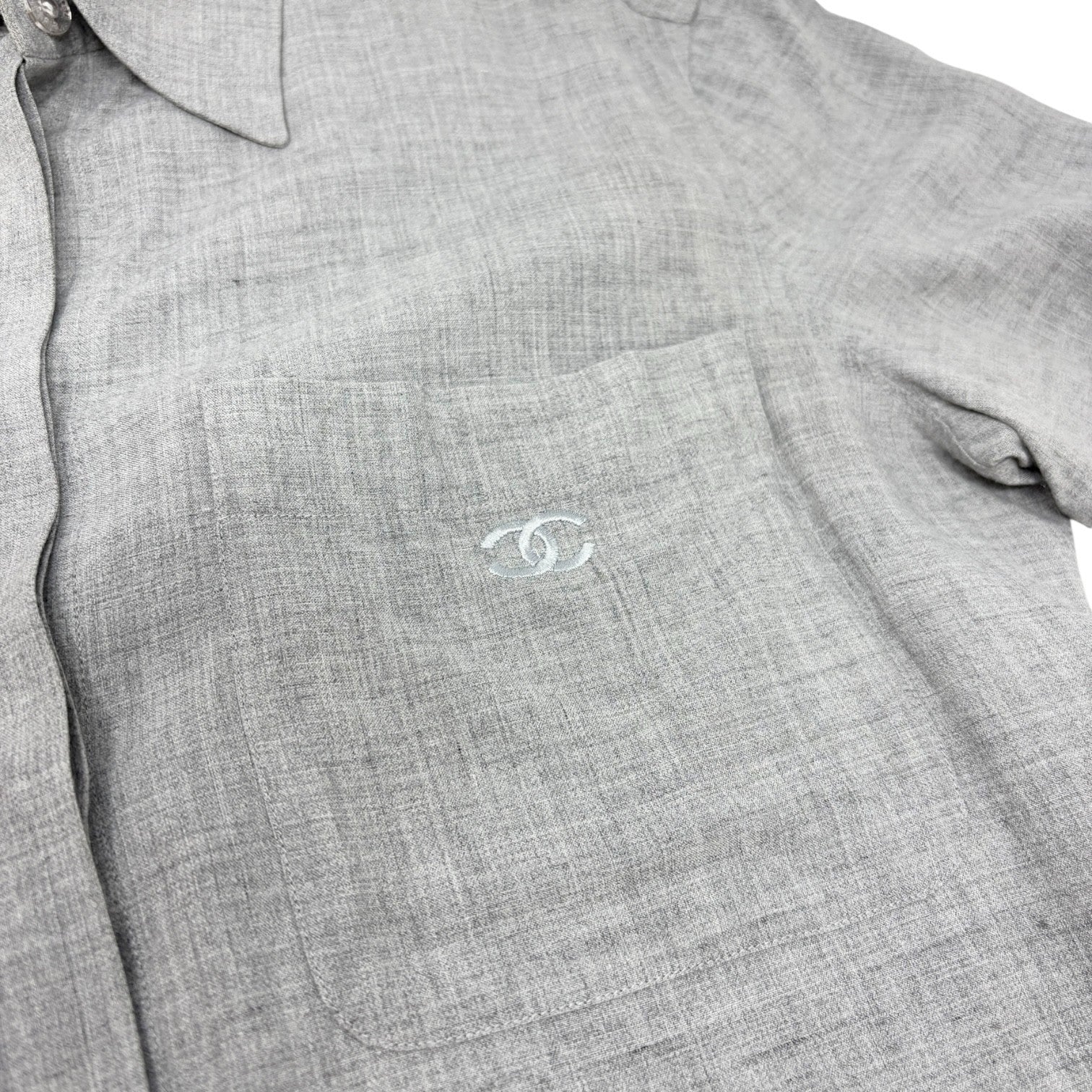 CHANEL Vintage 99P CC Logo Short Sleeve Shirt Blouse Pocket #38 Gray Rayon