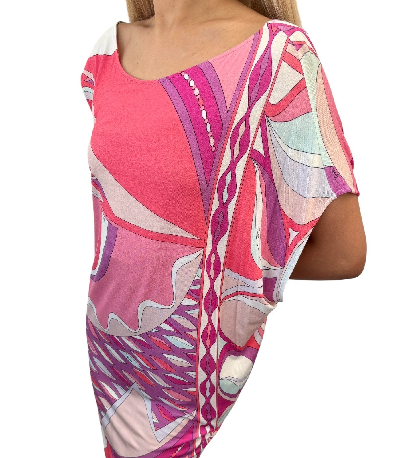 EMILIO PUCCI Vintage Multicolor Abstract Print Asymmetric Midi Dress #34 Pink