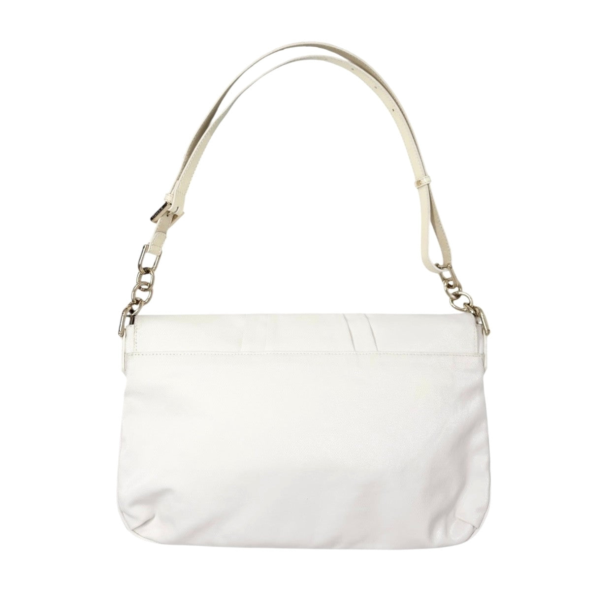 FENDI Vintage FF Logo Mia Mamma Flap Shoulder Bag White Gold Leather Cotton