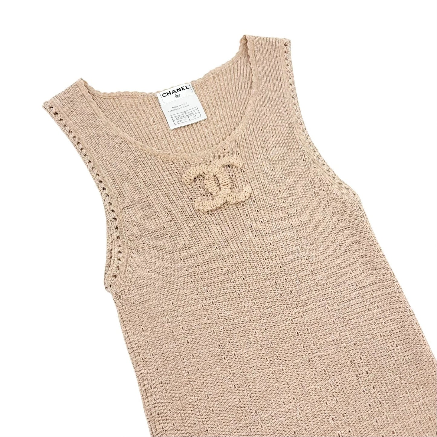 CHANEL Vintage 09P CC Logo Rib Knit Tank Top #34 Beige Sleeveless 902428