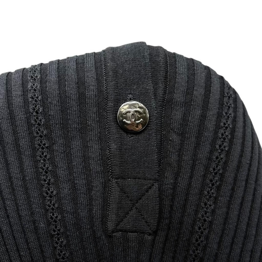CHANEL Vintage 08P CC Logo Button Ribbed Knit Tank Top #42 Black Silver Cotton