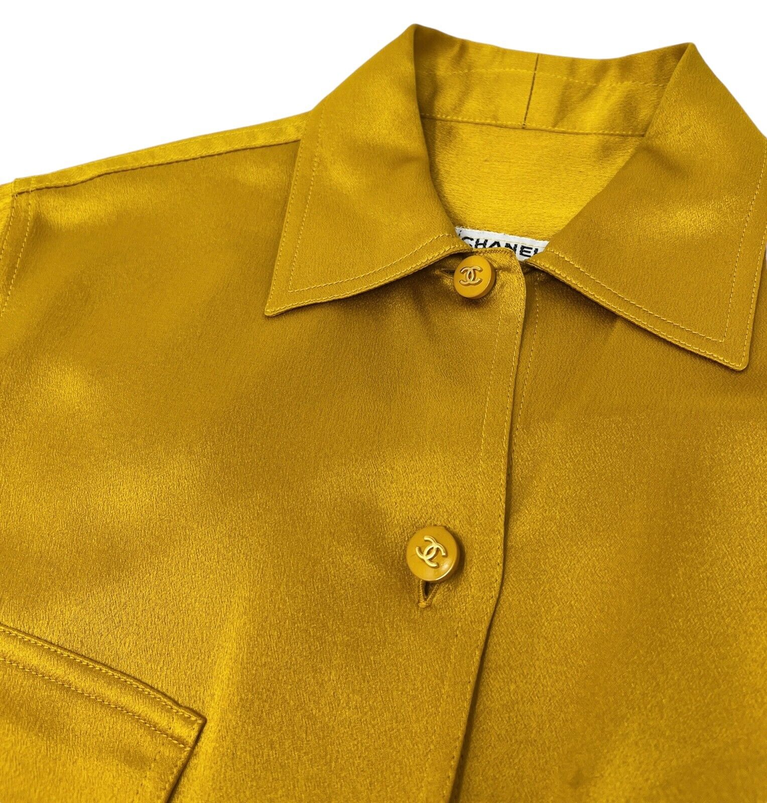 CHANEL Vintage CC Logo Shirt Top Button Up Pocket Yellow Gold Silk Rank AB