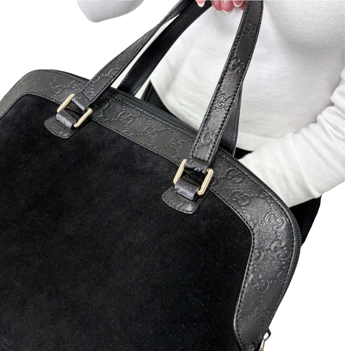 GUCCI Vintage GG Monogram Shoulder Top Handle Bag Black Gold Suede 902331
