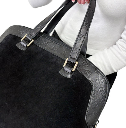 GUCCI Vintage GG Monogram Shoulder Top Handle Bag Black Gold Suede 902331