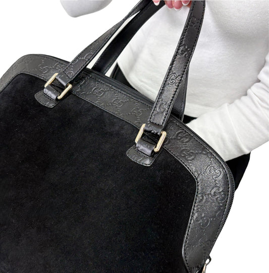 GUCCI Vintage GG Monogram Shoulder Top Handle Bag Black Gold Suede 902331