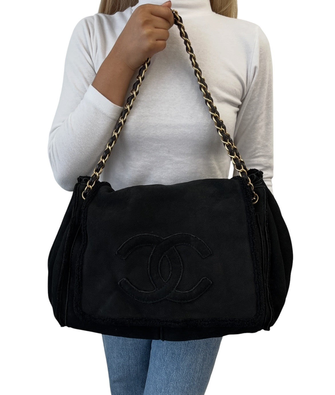 CHANEL Vintage CC Big Logo Shearling Chain Shoulder Bag Black Gold Suede Mouton