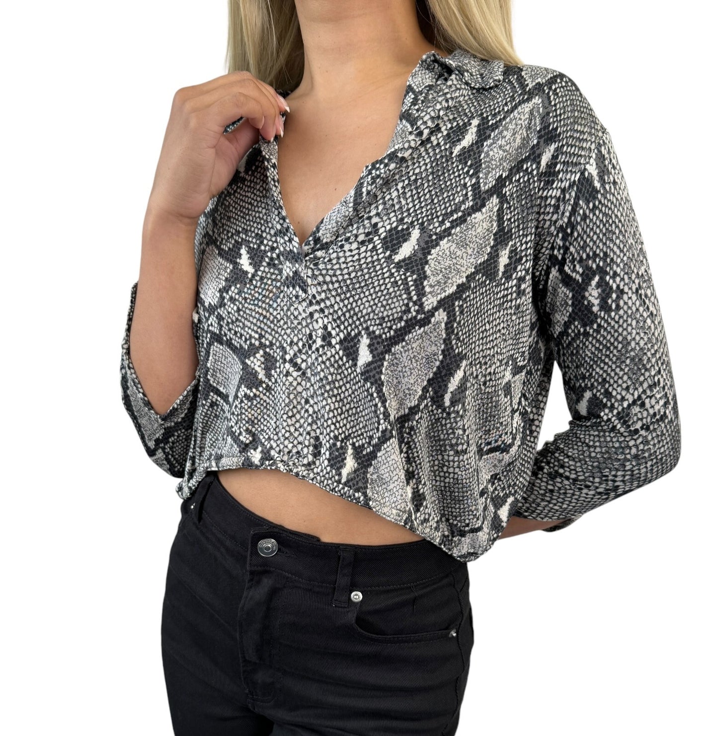 GUCCI Vintage Long Sleeve Shirt Top #38 Gray Blouse Viscose V-neck Rank AB