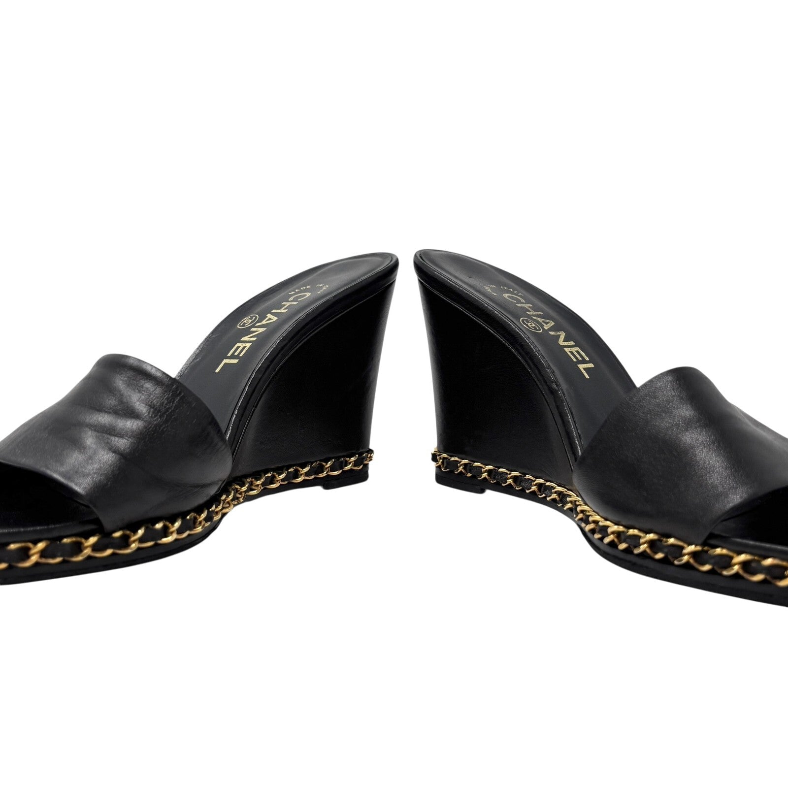 CHANEL Vintage CC Logo Chain Wedge Sole Sandals #37-38.5 Black Gold Leather