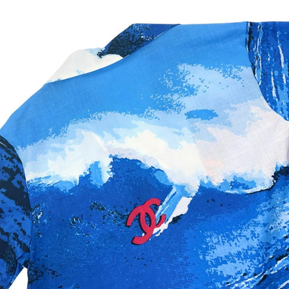 CHANEL Surf Vintage 02S CC Logo Aloha Shirt Top #36 Blue White Cotton 902834