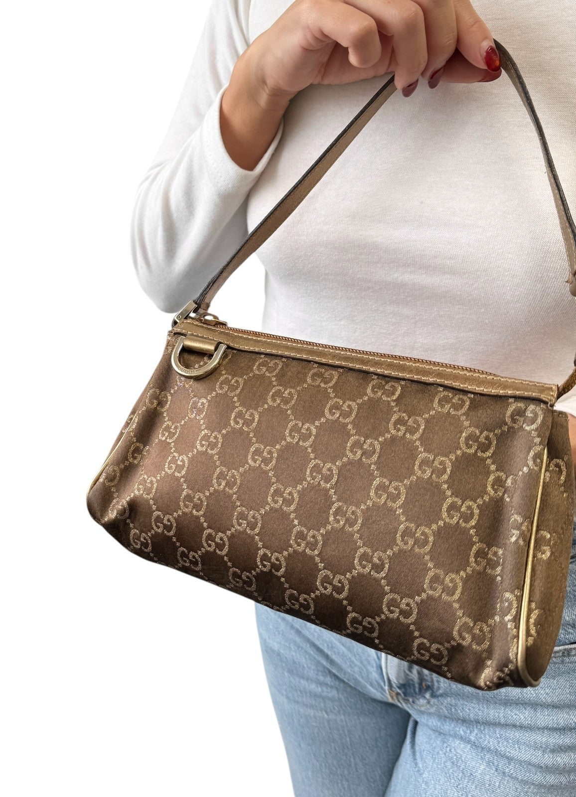 GUCCI Vintage GG Monogram Abbey Mini Shoulder Bag Pochette Gold Brown Canvas