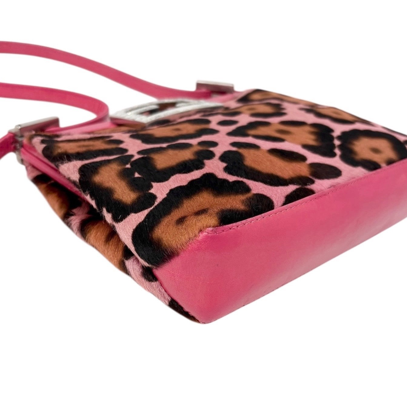 FENDI Vintage Mamma Baguette Leopard Pony Calf Hair Shoulder Bag Pink Brown