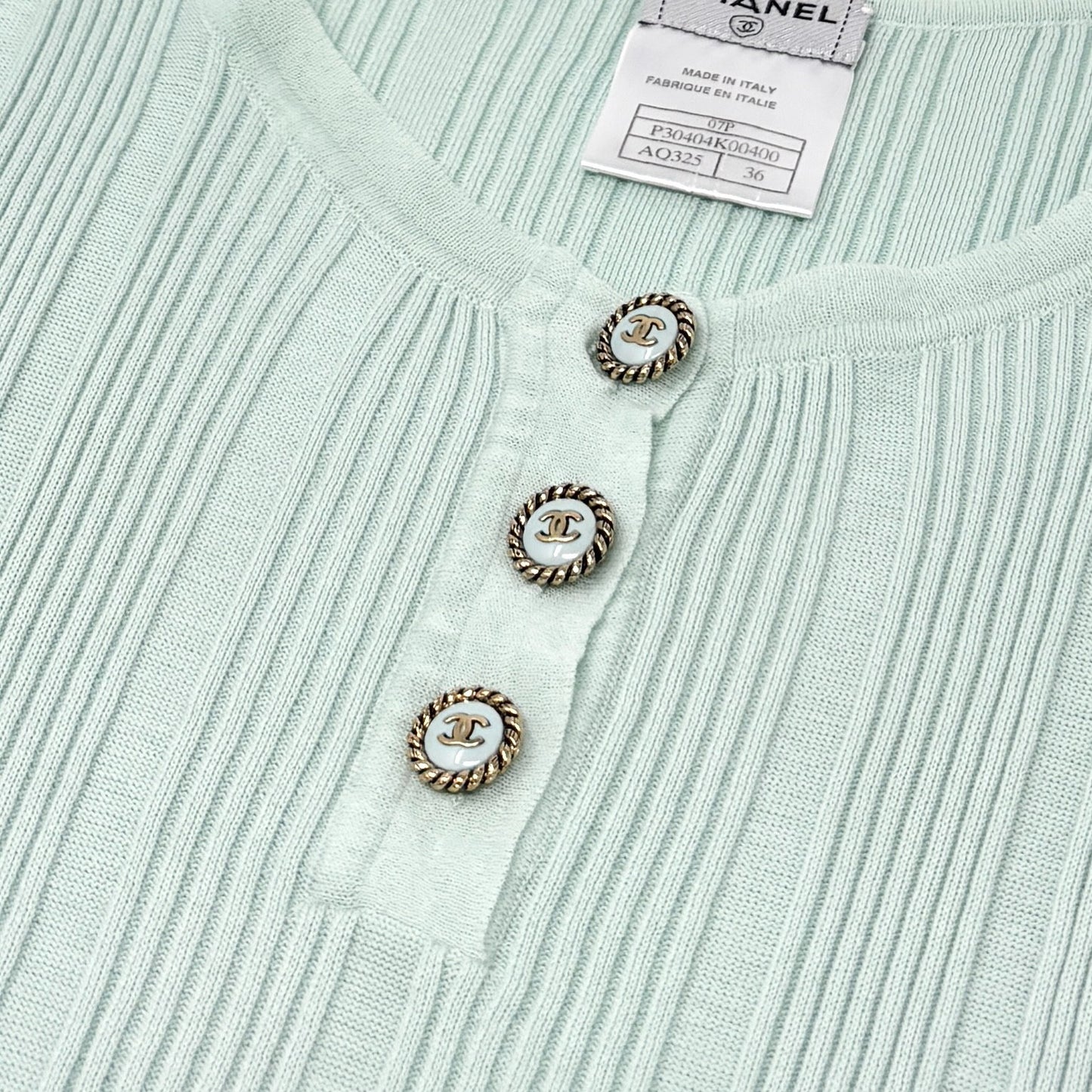CHANEL Vintage 07P CC Logo Ribbed Tank Top #36 Sleeveless Button Mint Green