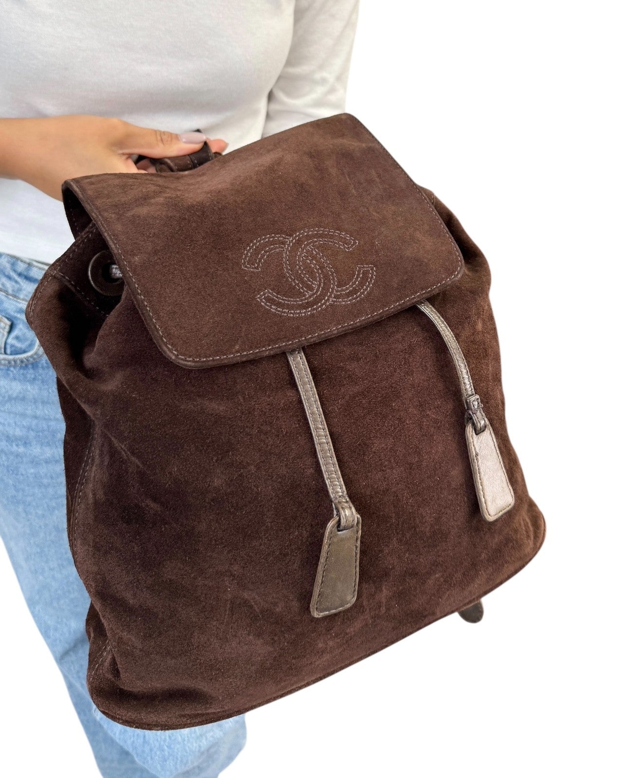 CHANEL Vintage CC Logo Suede Drawstring Flap Backpack Bag Stitch Brown Gold