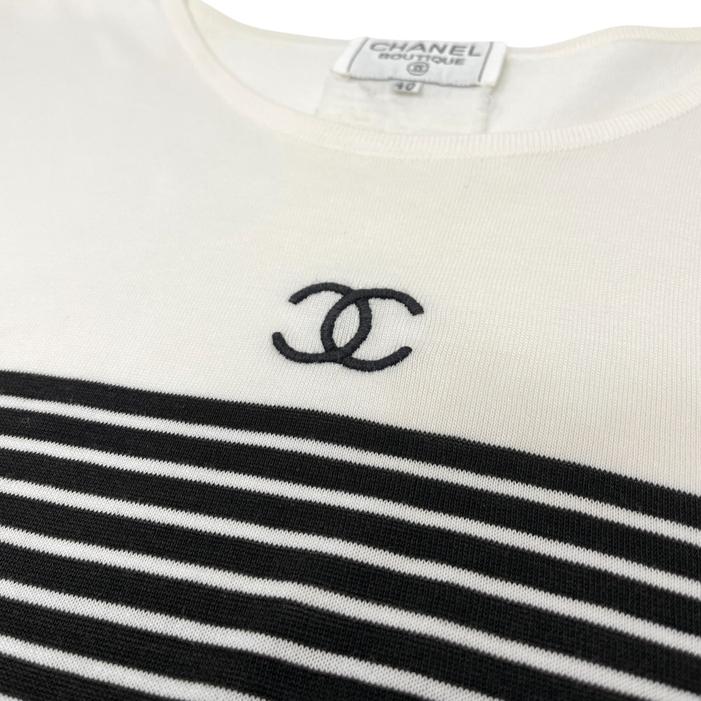 CHANEL Vintage CC Logo Stripe Knit Tank Top #40 Bicolor White Black Cotton