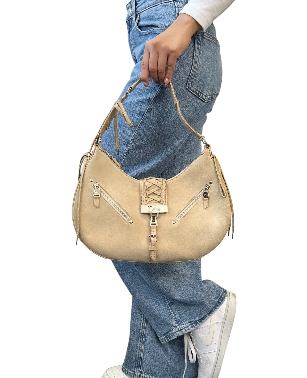 Christian Dior Vintage 2002 Admit It Suede Shoulder Bag Lace Up Beige Silver