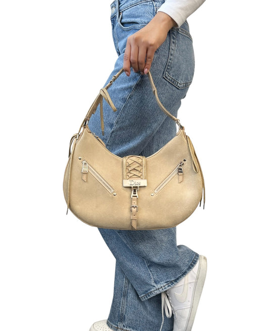 Christian Dior Vintage 2002 Admit It Suede Shoulder Bag Lace Up Beige Silver