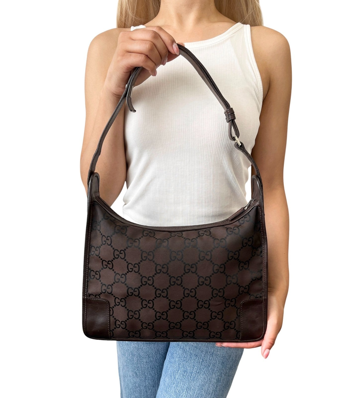 GUCCI Vintage GG Monogram Hobo Shoulder Bag Brown Nylon Leather 902271
