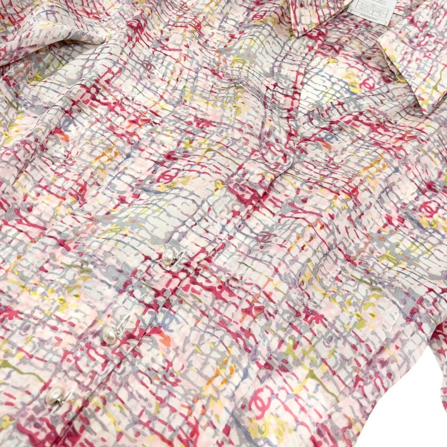 CHANEL Vintage 05C CC Tweed Print Shirt Blouse Top #34 Multicolor Silk 901994