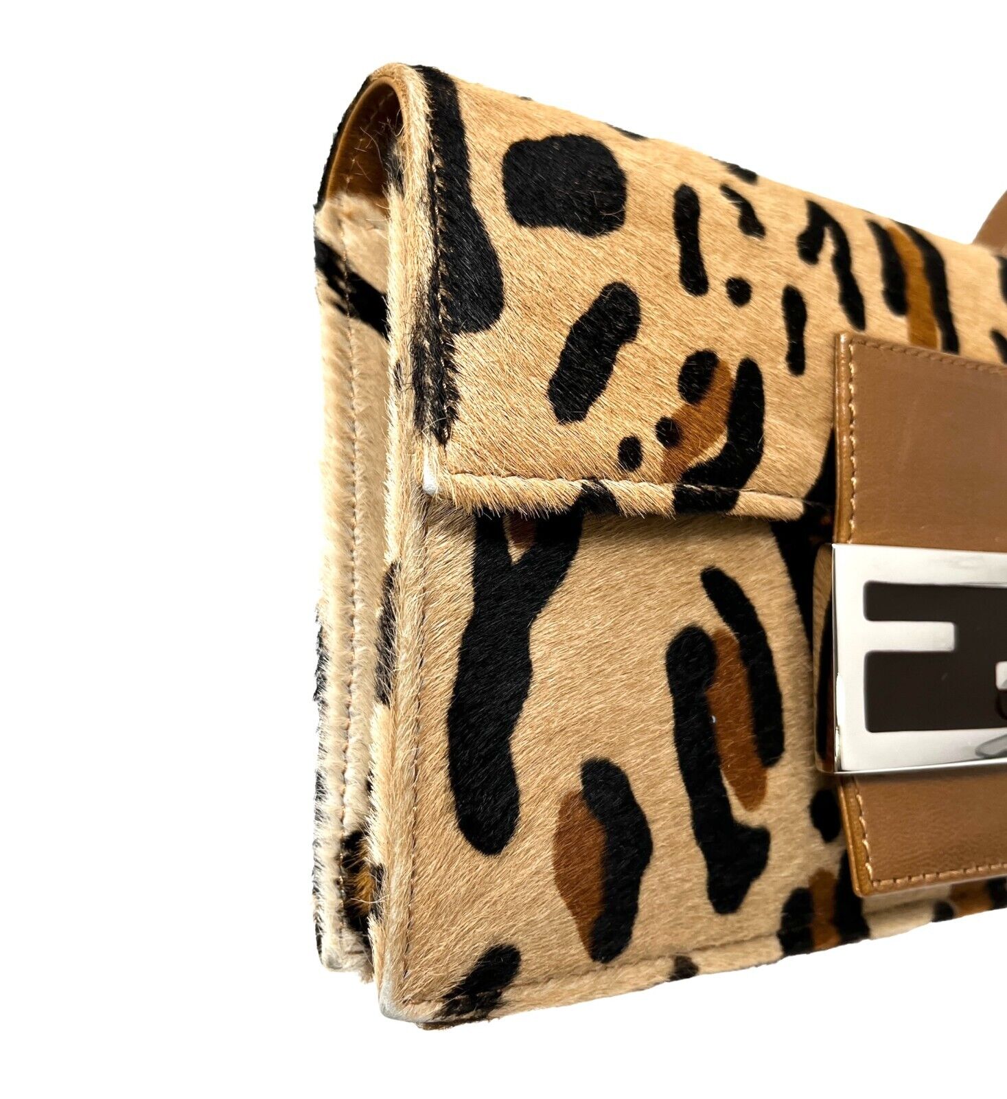 FENDI Vintage FF Logo Mamma Baguette Waist Bag Leopard Brown Calf Hair Rank AB