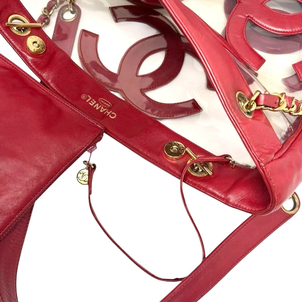 CHANEL Vintage Triple CC Logo Clear Tote Shoulder Bag Red Pouch 902320