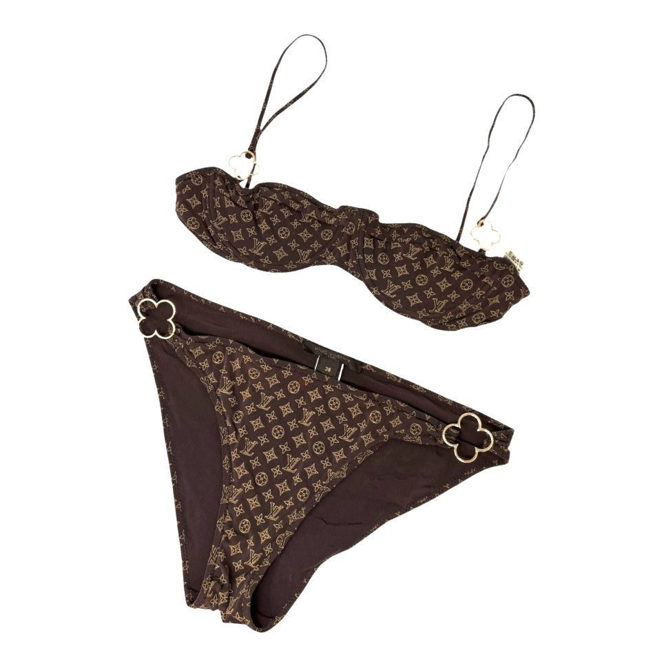 LOUIS VUITTON Vintage Monogram Bikini Swimwear #38 Brown Gold Polyamide