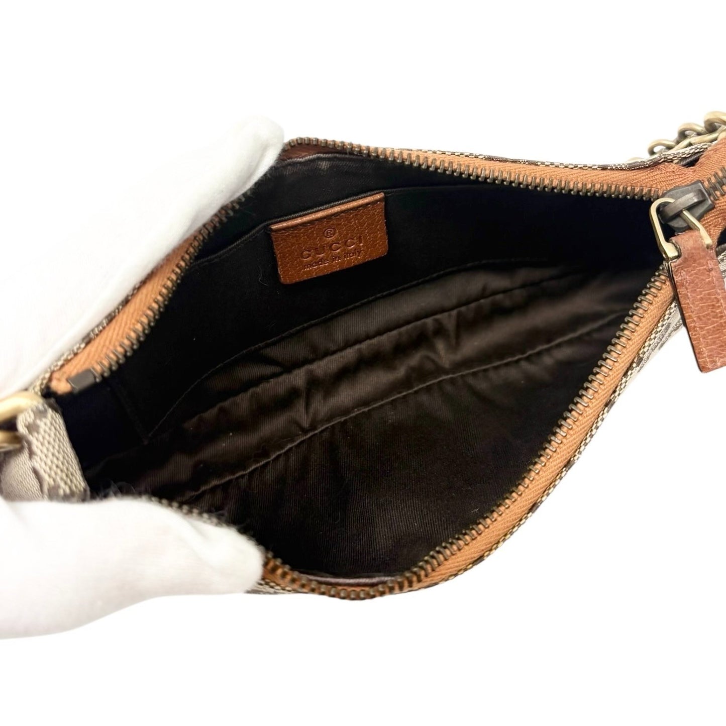 GUCCI Vintage GG Canvas Monogram Chain Shoulder Bag Pouch Beige Gold Leather
