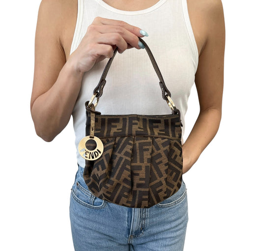 FENDI Vintage FF Logo Charm Zucca Canvas Mini Chef Hobo Tote Bag Brown Black
