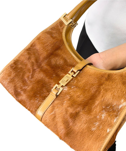 GUCCI Vintage Logo Jackie Pony Calf Hair Shoulder Bag Brown Gold 901855