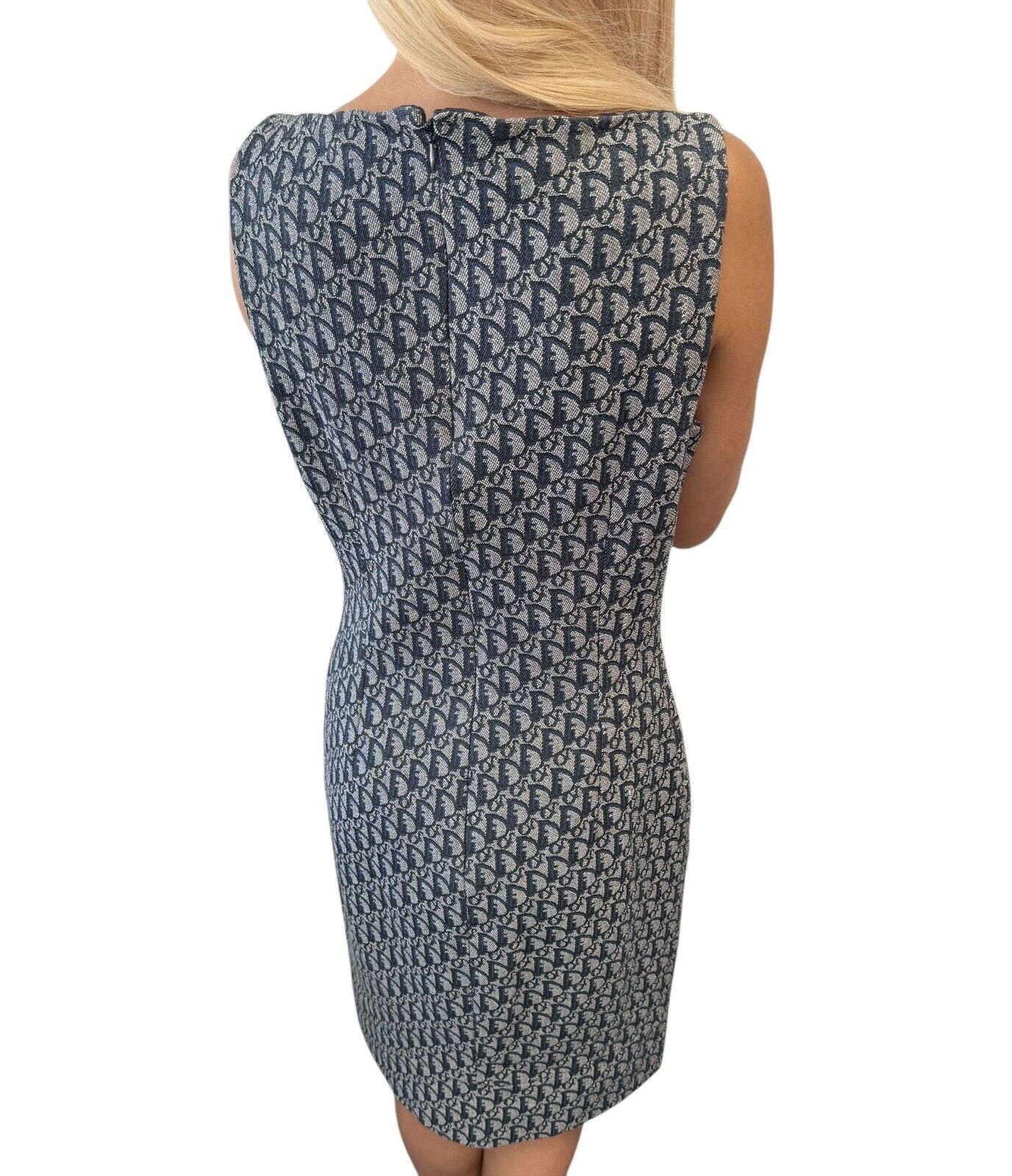 Christian Dior Vintage 2000 Trotter Monogram Logo Dress #38 Blue Gray Cotton