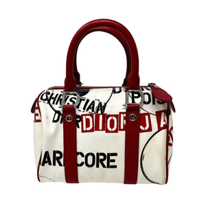 Christian Dior Vintage Logo Hard Core Mini Bowler Bag Red Cream Cotton Rank AB