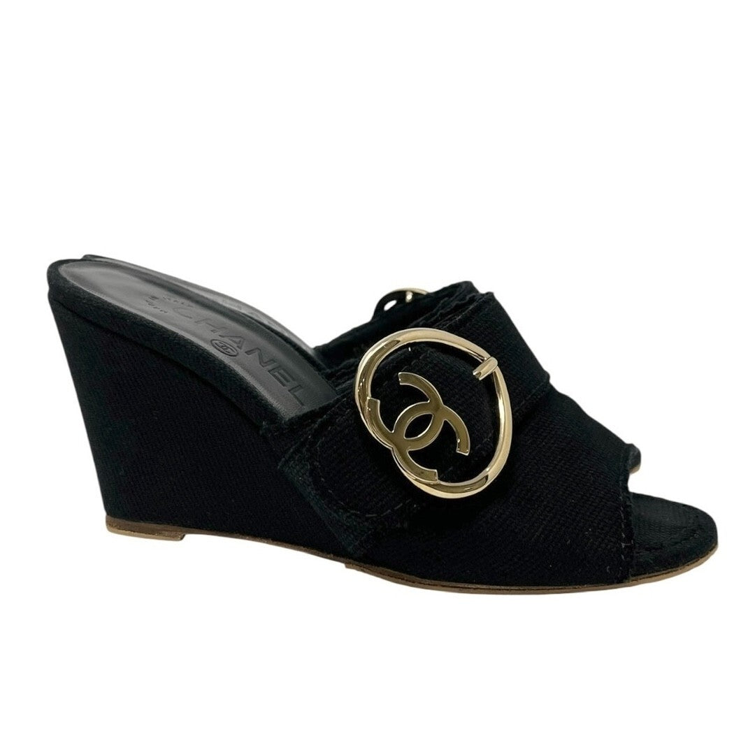 CHANEL Vintage CC Mark Logo Sandals Heart Buckle #36.5-37 Black Gold Cotton