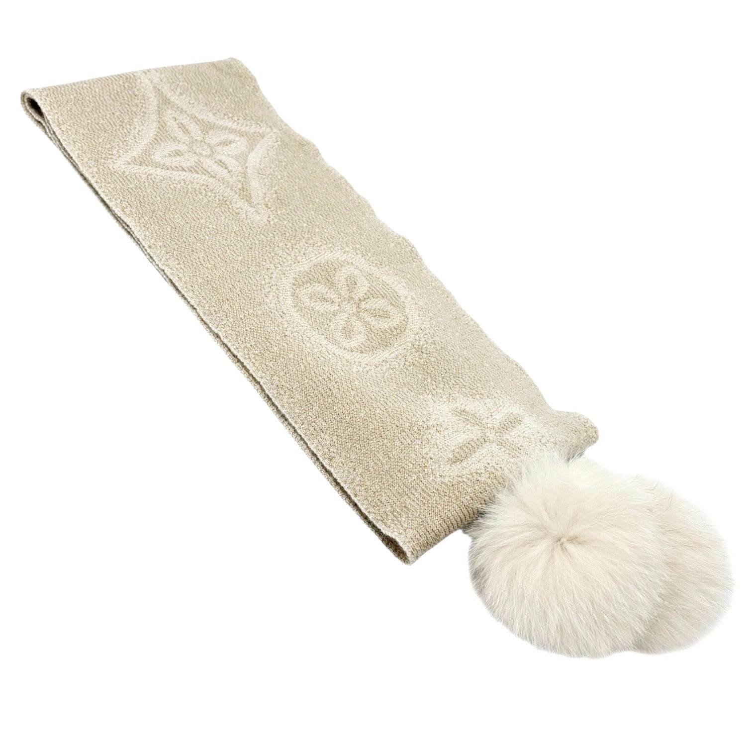 LOUIS VUITTON Vintage Monogram Shine Fox Fur Knit Scarf Shawl Cream Cashmere