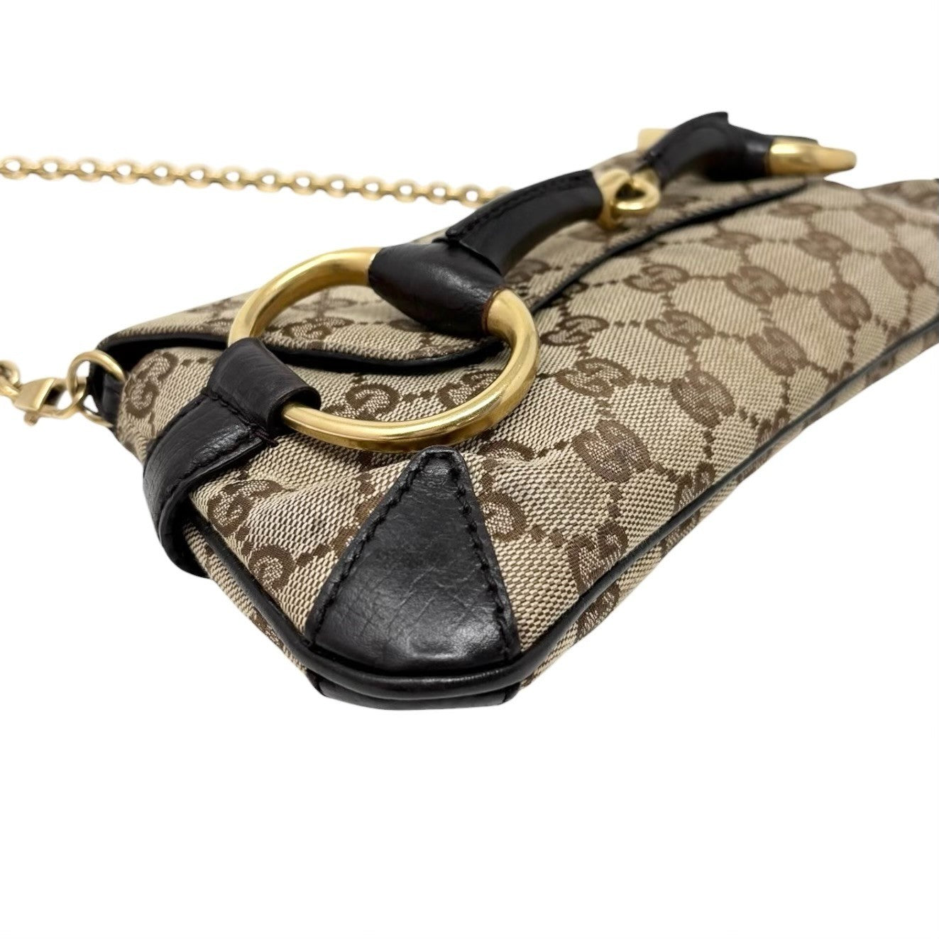 GUCCI Vintage GG Monogram Logo Horsebit Shoulder Bag Brown Gold Canvas 901880