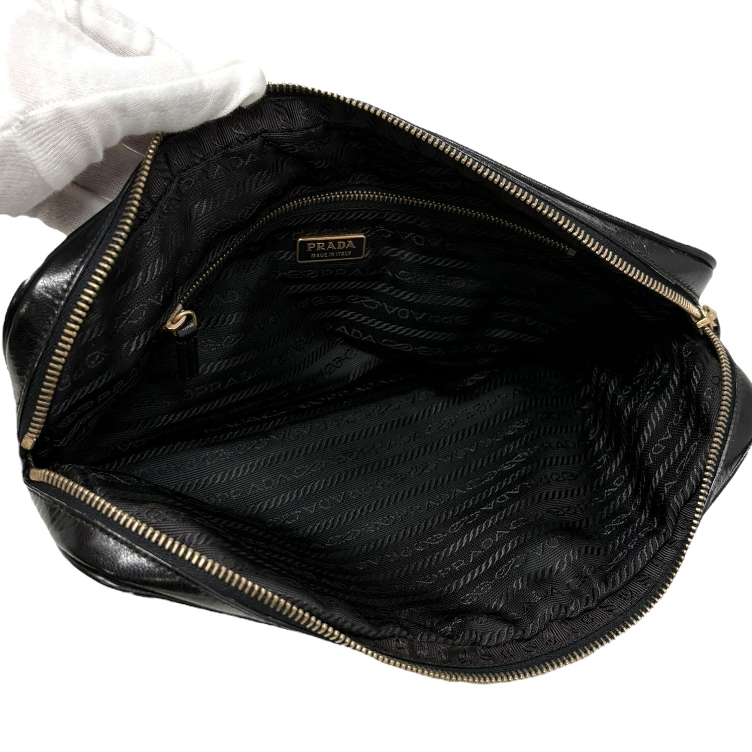 PRADA Vintage Logo Pochette Mini Shoulder Bag Black Gold Nylon Zip Leather