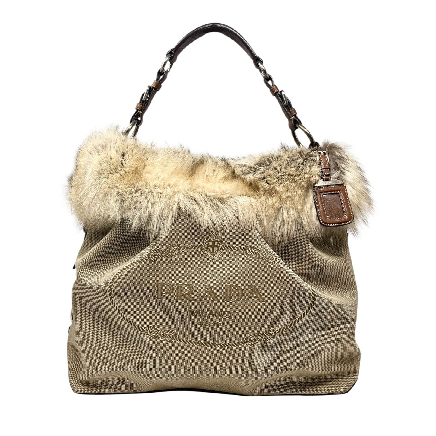 PRADA Vintage Logo Jacquard Fur Trim Canvas Shoulder Tote Bag Beige Brown