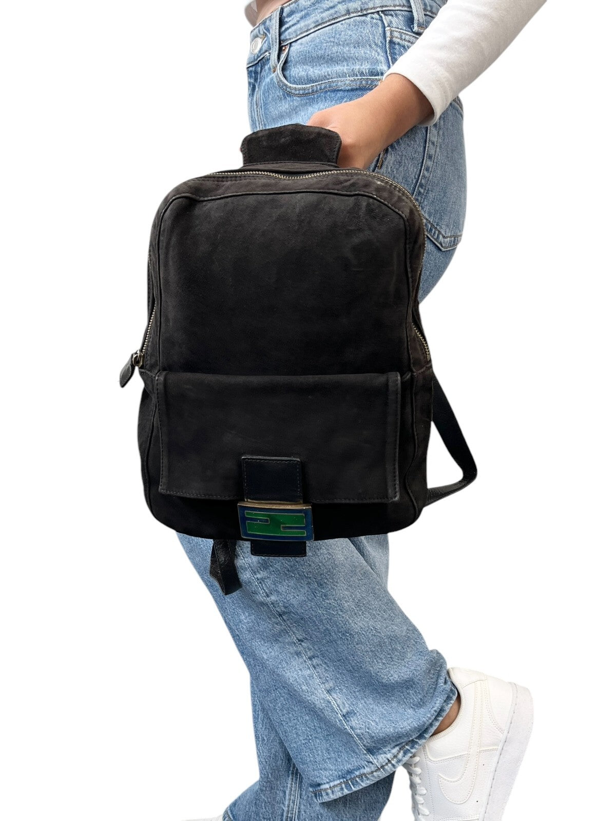 FENDI Vintage FF Logo Backpack Zip Black Green Suede Leather Front Pocket