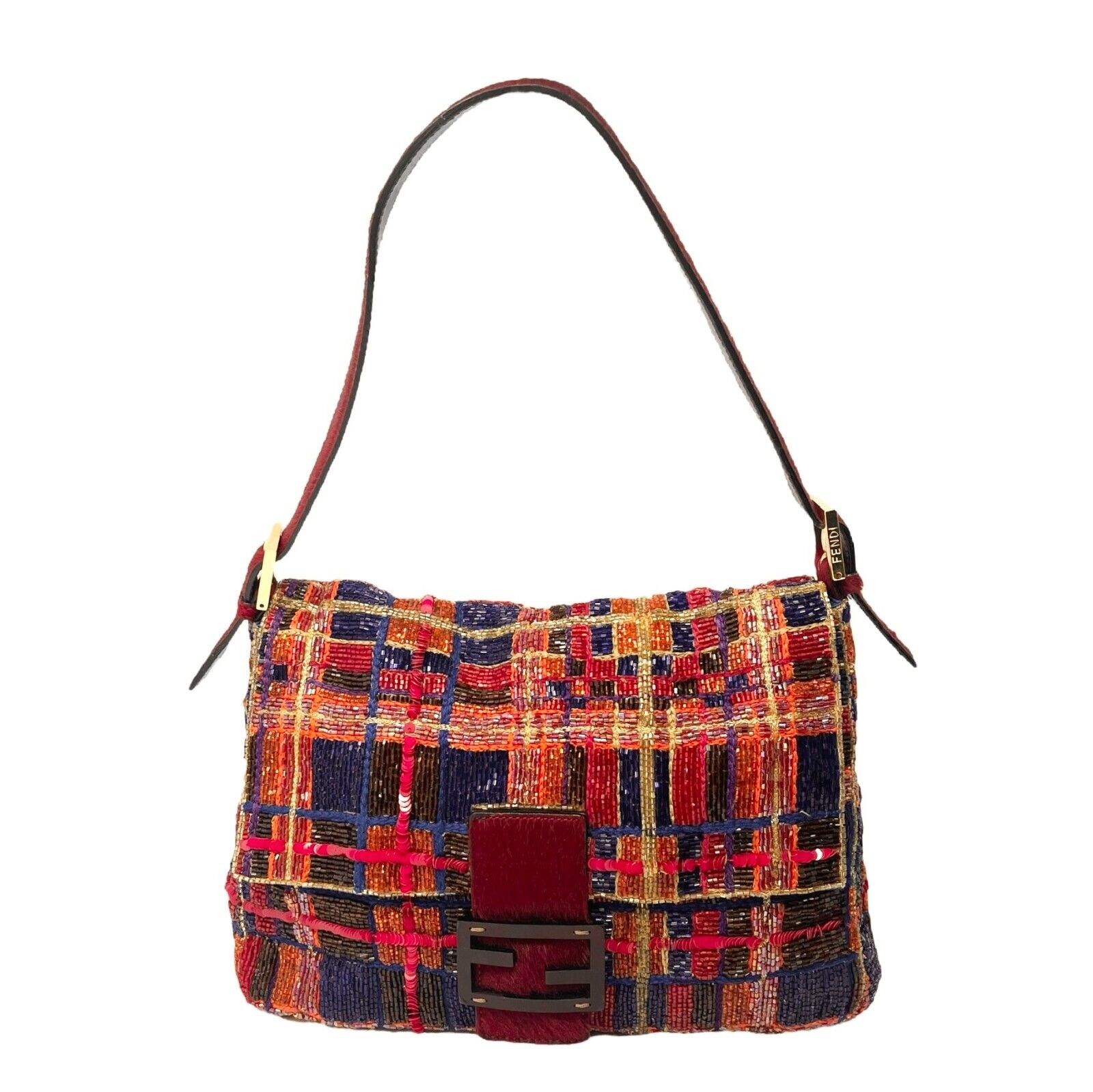 FENDI Vintage FF Logo Beads Mamma Baguette Shoulder Bag Plaid Red Blue Leather