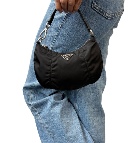 PRADA Vintage Triangle Logo Tessuto Nylon Mini Bag Pouch Black Silver Leather