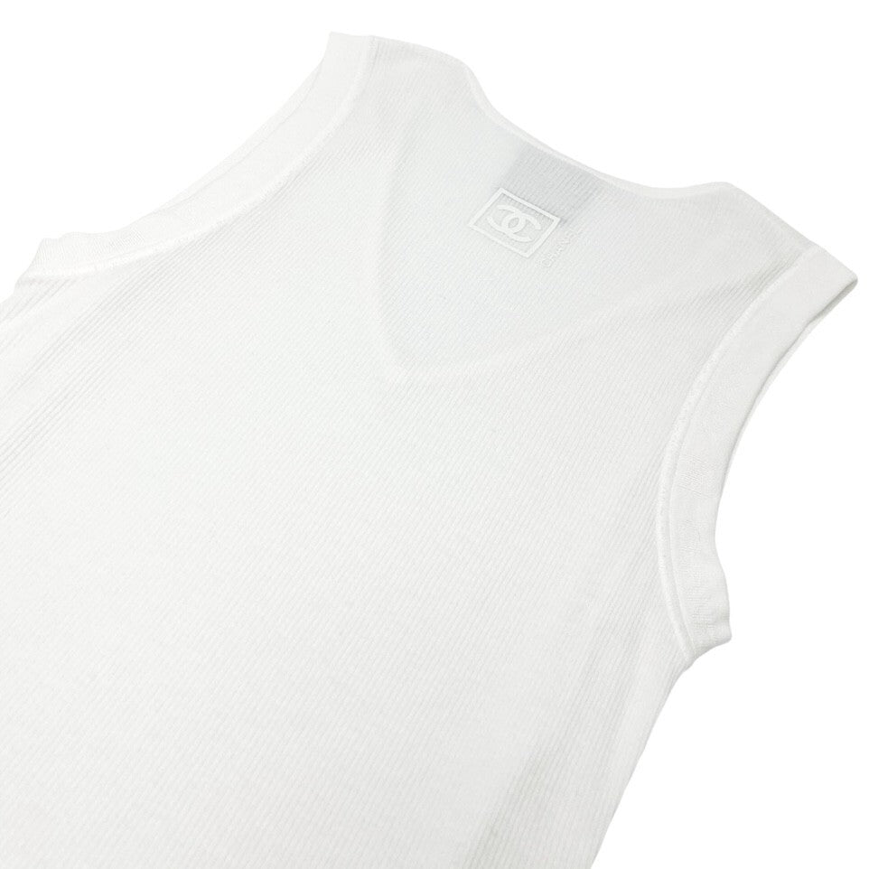 CHANEL Sport Vintage 06P CC Mark Logo Rib Tank Top #38 White Cotton Rayon
