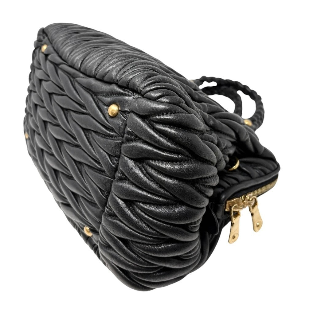 Miu Miu Vintage Quilted Tote Top Handle Bag Black Gold Leather Zip 902310