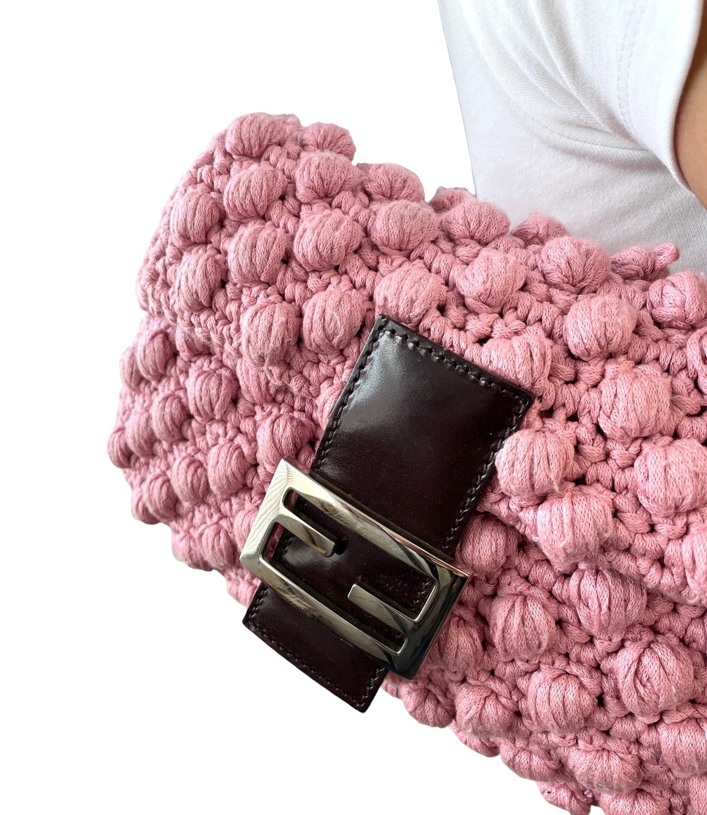 FENDI Vintage FF Logo Crochet Mamma Baguette Shoulder Bag Knit Pink Brown Wool