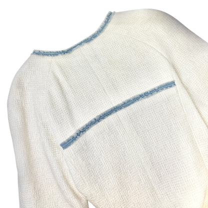 CHANEL Vintage 07P CC Logo Tweed Long Jacket Trim Denim #42 Blue White Button