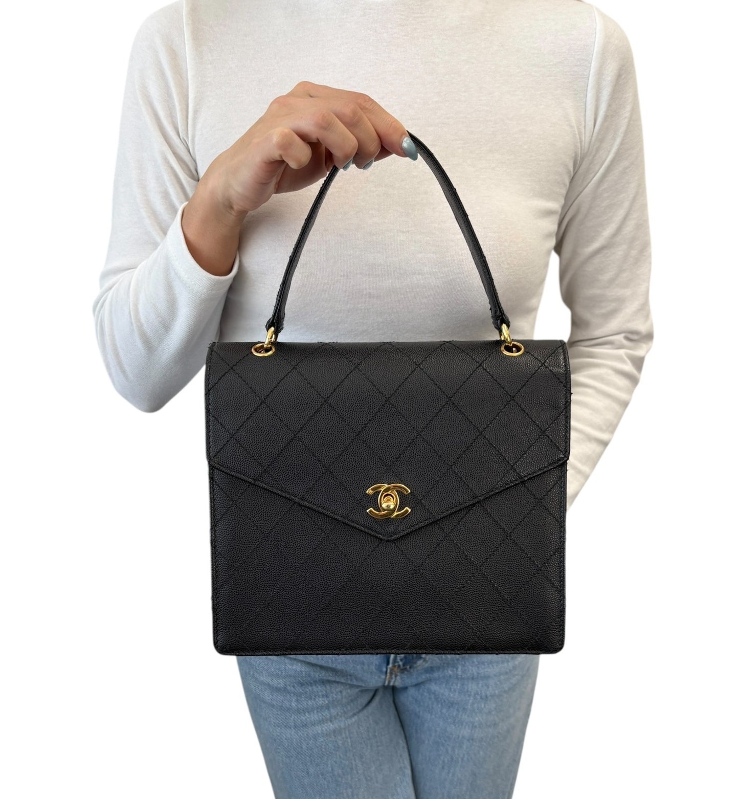 CHANEL Vintage CC Logo Turnlock Quilted Top Handle Bag Black Gold Leather